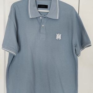 AMIRI Men's Light Blue Polo Shirt with White Trim